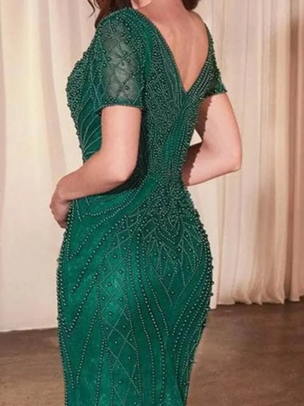 Beaded Deep Green V-Neck Maxi Dress